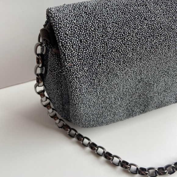 VINTAGE MAX MARA MADE IN ITALY METALLIC EVENING BAG BEADED SILVER GUN METAL - Picture 8 of 12